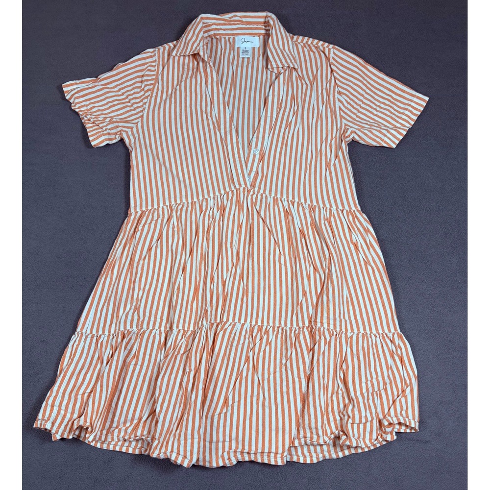Japna Shirt Dress Womens Small Orange Striped Tiered V-Neck Short Sleeve